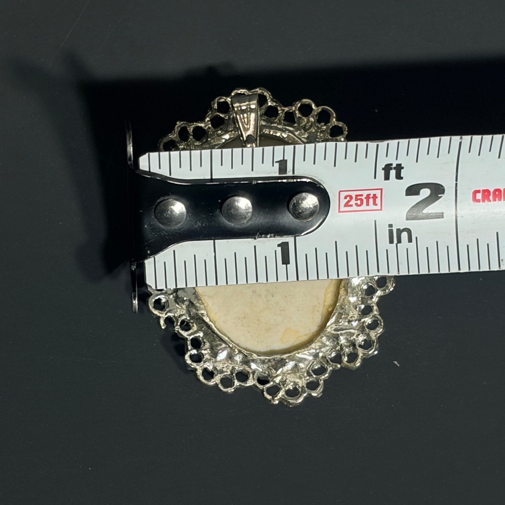 Signed Vtg Hand Painted Porcelain Rose Brooch Pendant Silver Tone Filigree - Picture 11 of 14